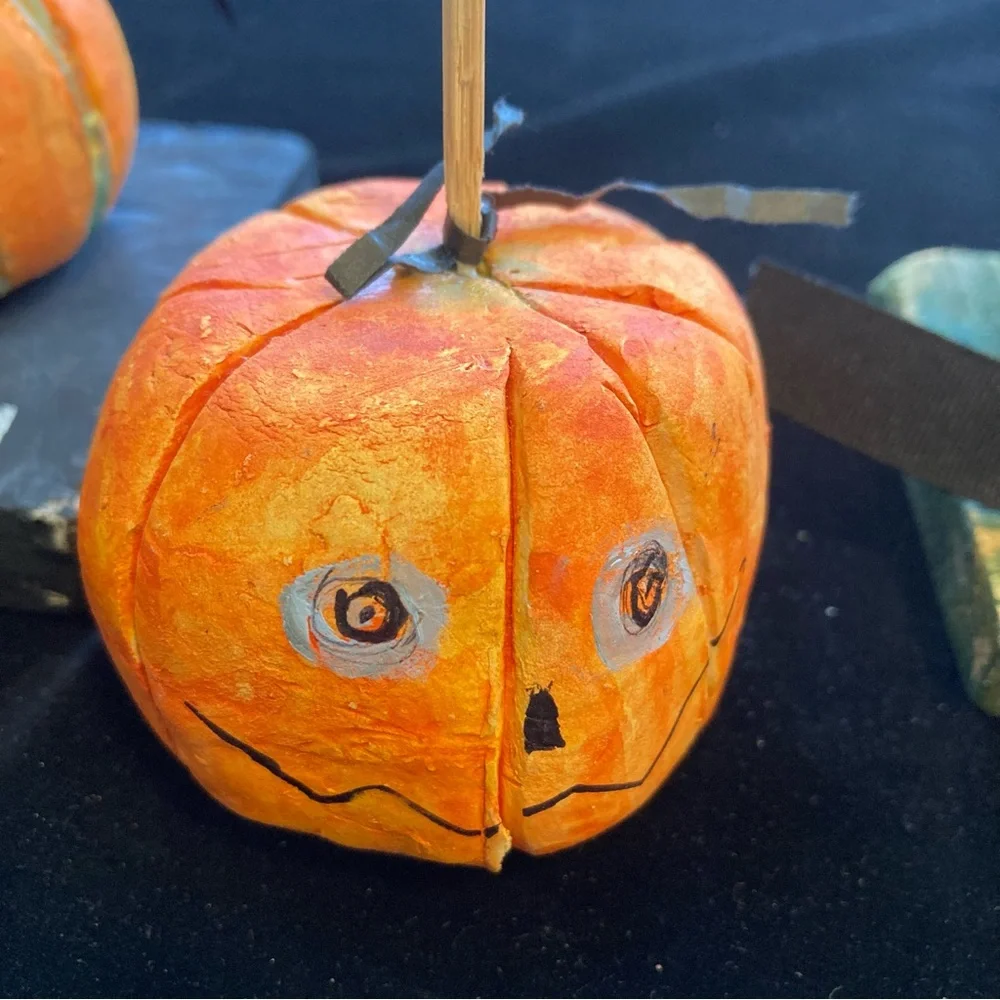 Three Handmade Original  Ceramic Halloween Pumpkins 3”-5”